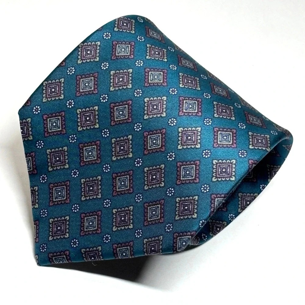 Vtg Treborr's Silk Necktie Mens OS Teal Geometric‎ Medallion Italian Silk Formal